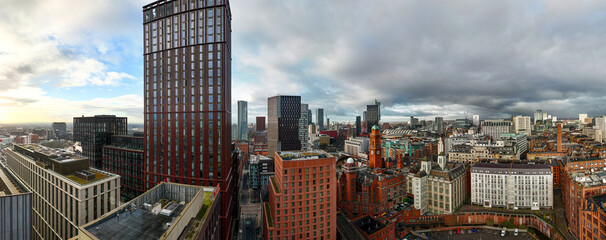 Aerial panorama of Manchester skyline over the Oxford Raod. 