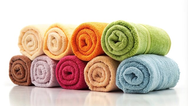 Stack of neatly rolled towels on white background isolation