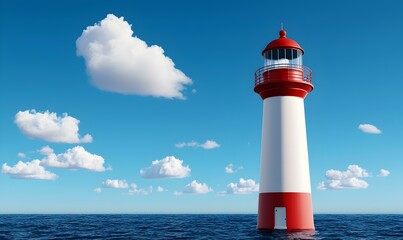 Fototapeta premium Bright Red and White Lighthouse Stands Tall Over Calm Ocean Water