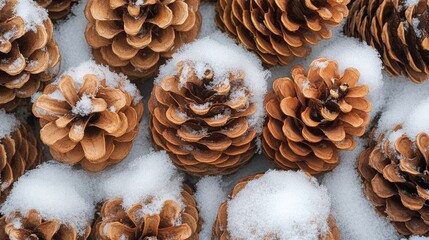 Pine cones covered in snow create a winter wonderland in a serene forest setting