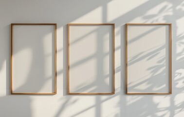 Three empty wooden frames on a white wall with natural light and shadows