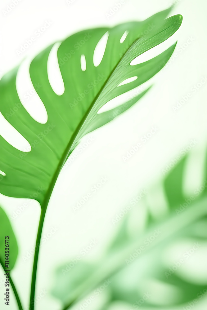 Poster Monstera leaves with selective focus on a white background create a tropical and botanical pattern for decorating compositions._00004_