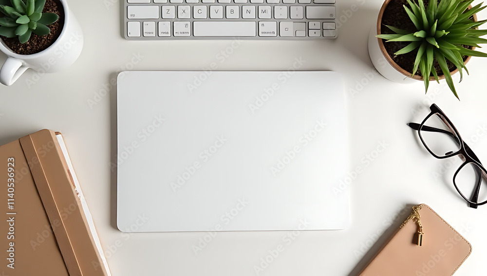 Poster modern office desk setup features a flat lay design with trendy accessories against a neutral backgr