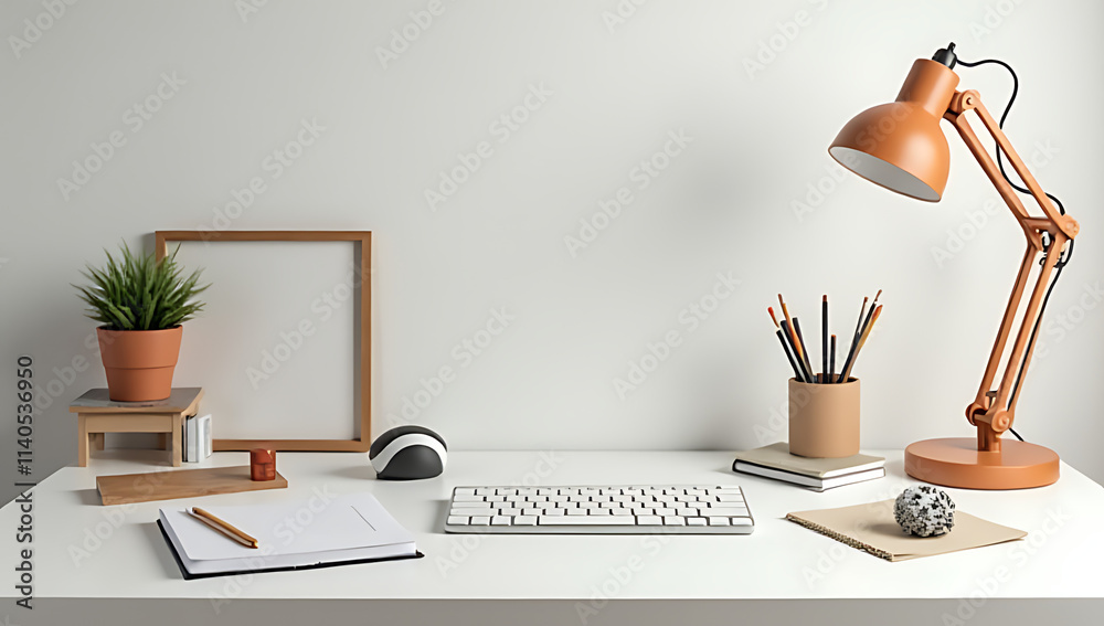 Poster modern office desk setup features a flat lay design with trendy accessories against a neutral backgr