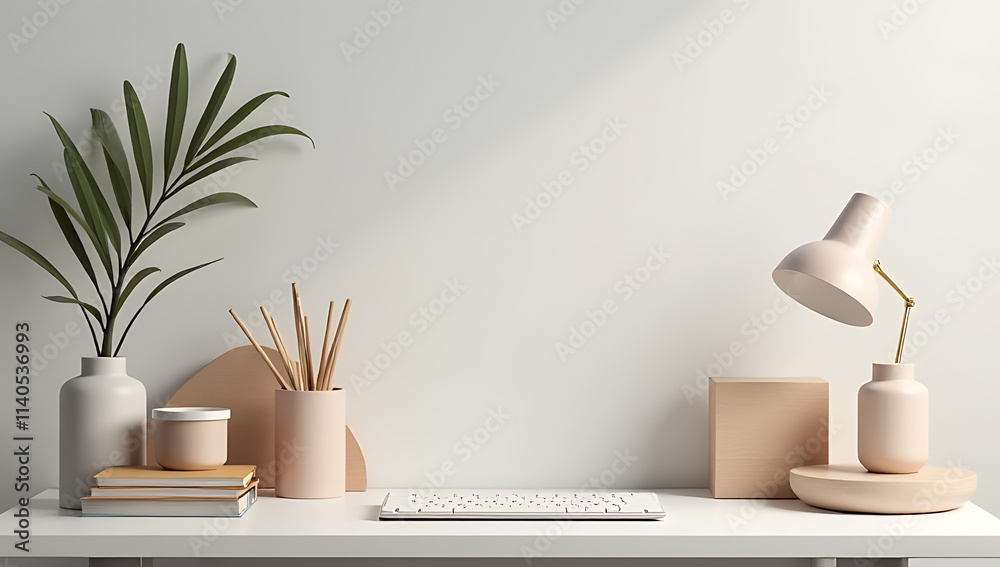 Aufkleber modern office desk setup features a flat lay design with trendy accessories against a neutral backgr