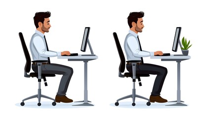 Man Working at Desk with Adjustable Chair and Computer Setup