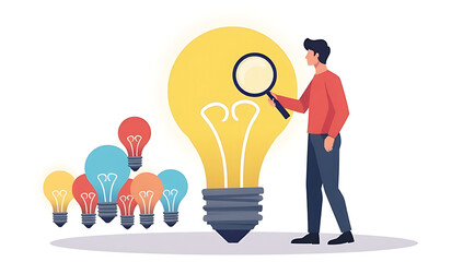 Man uses a magnifying glass to look at a cluster of colorful light bulbs on a white background, symbolizing innovative business ideas._00004_