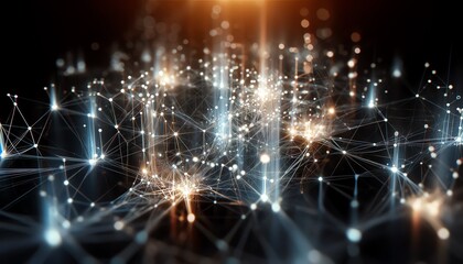Obraz premium An abstract network of intensely glowing particles connected by thin, white lines, resembling a neural network or blockchain structure