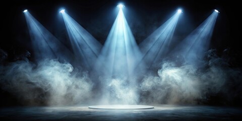 Stage spotlight with smoke on a dark background, with stage lights and depth of field