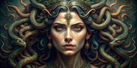 Fototapeta premium Medusa Gorgon High Depth of Field Fantasy Art Painting, Mythological Creature, Snake Hair, Ancient Greek Mythology, Deep Focus Photography