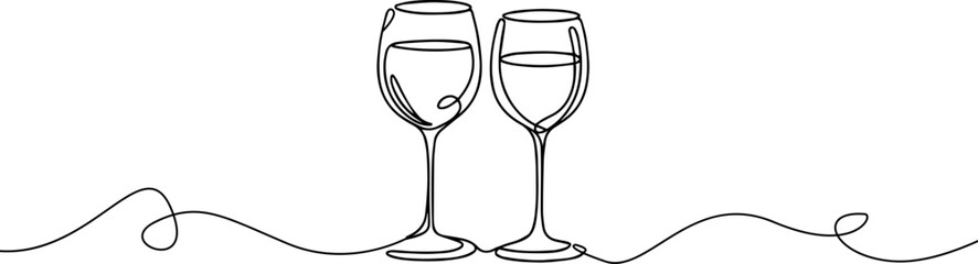 Glass goblets with a drink one continuous line drawing.Stemmed glass.
Celebration, holidays,party  symbol .Glass with cocktails line art.