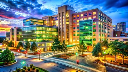Obraz premium Memphis Children's Hospital Night Photography, Long Exposure, Hope, Healing, Pediatric Cancer Research, St Jude, Building Exterior, Illuminated, Cityscape