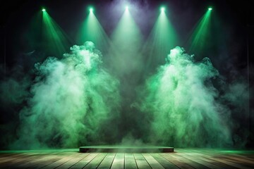 Stage with green smoke illuminated by violet spotlight