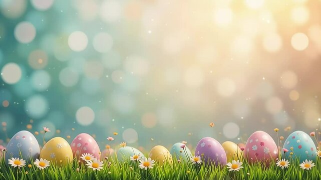 Colorful easter eggs with floral patterns are nestled in lush green grass, illuminated by warm sunlight and creating a cheerful easter scene.