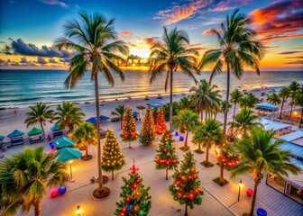 Fototapeta premium Merry Christmas Florida Drone Photography: Palm Trees, Beaches, Festive Lights