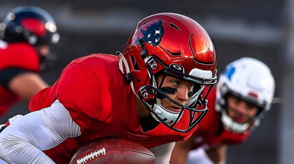 Dynamic American Football Player in Red Uniform Stadium Sports Photography Action-Packed Environment Close-Up Viewpoint