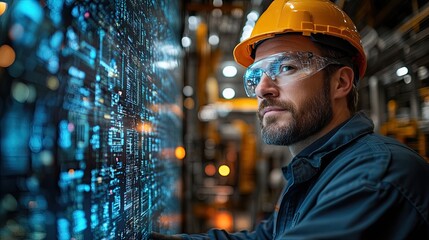 A male engineer in a hard hat and safety glasses looks intently at a large digital display in an industrial setting.