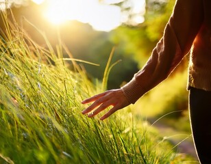 close-up hand gently brushing against tall grass along a walking trail, with sunlight illuminating the scene