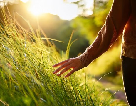 close-up hand gently brushing against tall grass along a walking trail, with sunlight illuminating the scene