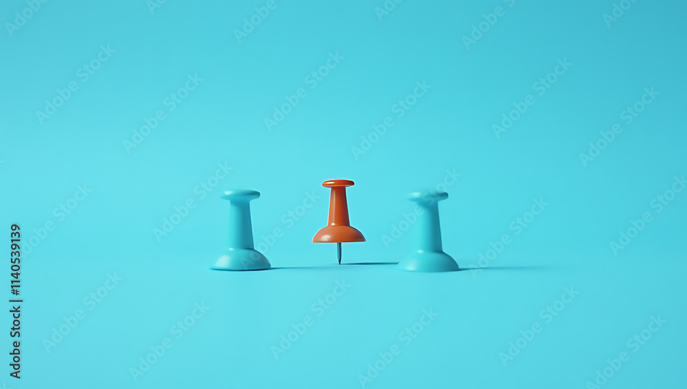 Poster group of pin, thumbtack with copy space against a blue desk table background for creative compositio