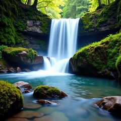 Obraz premium Waterfall cascades over moss covered boulders, scenery, water, stream