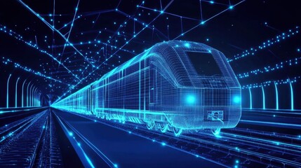 Abstract polygonal wireframe representing a modern train at a railway station.