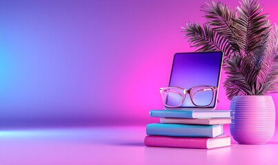 Modern Workspace with Tablet, Glasses, Books and Plant Arrangement