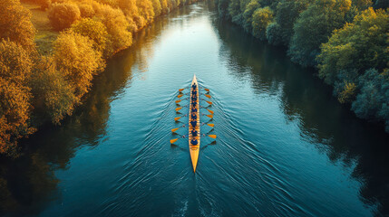 A vibrant aerial view of a rowing team on a turquoise river, flanked by lush foliage and rocky banks