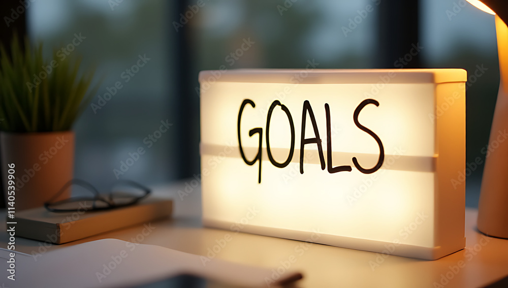 Poster Goals written on a light box placed on a home office desk table with clear visibility every day._00002_
