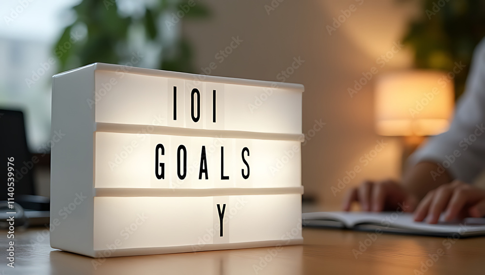 Poster goals written on a light box placed on a home office desk table with clear visibility every day._000