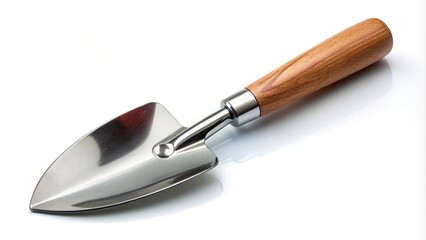 Fototapeta premium Stainless steel gardening shovel spade with wooden handle isolated on white background