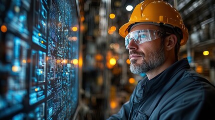 A male engineer in a hardhat and safety glasses looks intently at a digital display screen in a factory.
