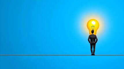 Obraz premium Businessman Standing on Tightrope with Light Bulb Against Blue Sky