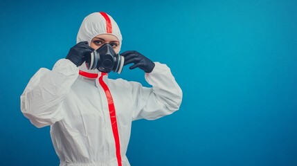 Doctor wearing hazmat suit and adjusting respirator on blue background