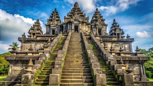 Stairs leading up to majestic Mendut Temple with asymmetrical design