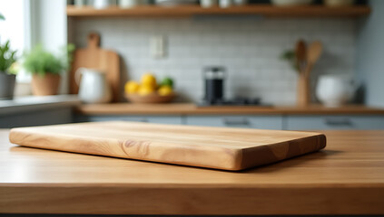 End grain wood counter top has a cutting board placed on it against a blurred kitchen background._00004_