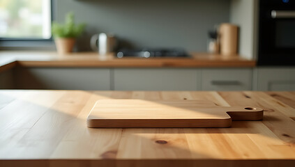 End grain wood counter top has a cutting board placed on it against a blurred kitchen background._00003_