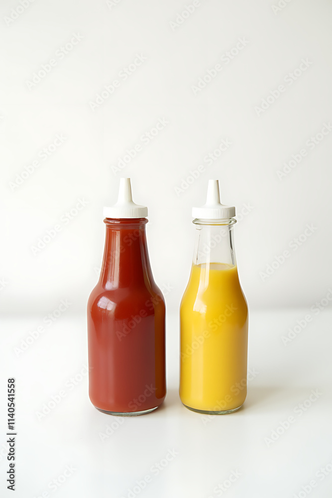 Poster Empty bottles of ketchup and mustard sit on a clean, white surface with labels still intact._00004_