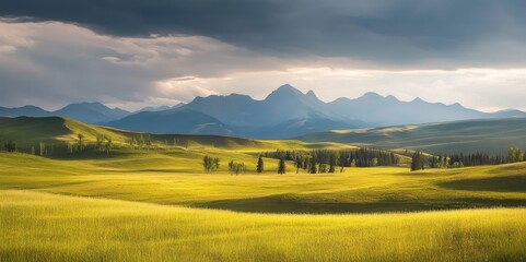 Obraz premium A serene landscape featuring rolling green hills and distant mountain, stunning, background under a cloudy sky.