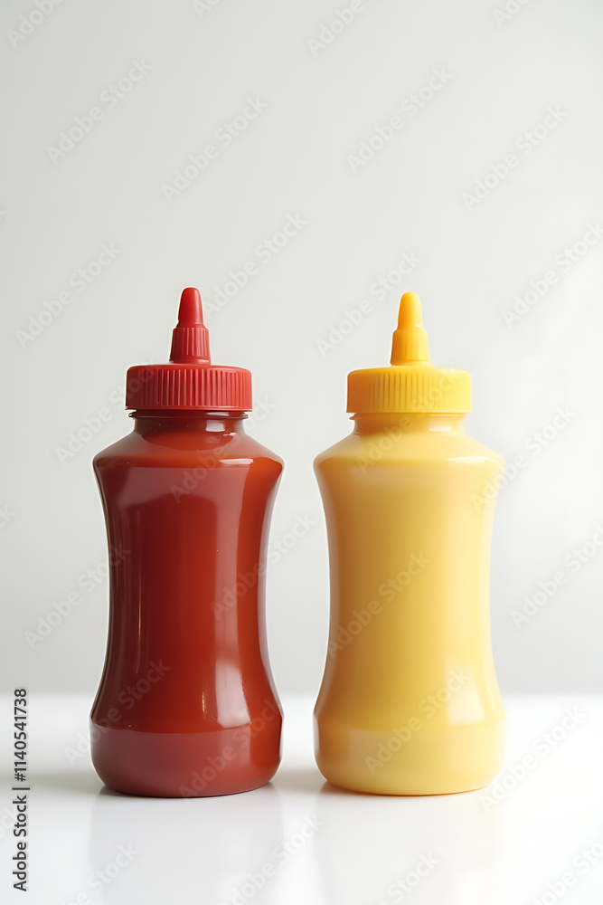 Poster Empty bottles of ketchup and mustard sit on a clean, white surface with labels still intact._00002_
