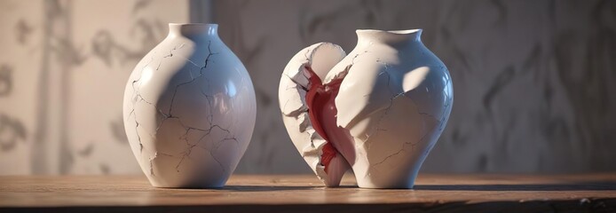 A delicate porcelain vase with a broken heart-shaped crack running through it , crack, vulnerability, broken heart