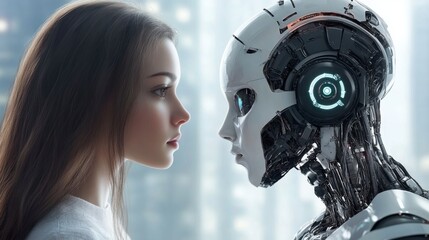 Fototapeta premium Futuristic robot and a woman in profile view