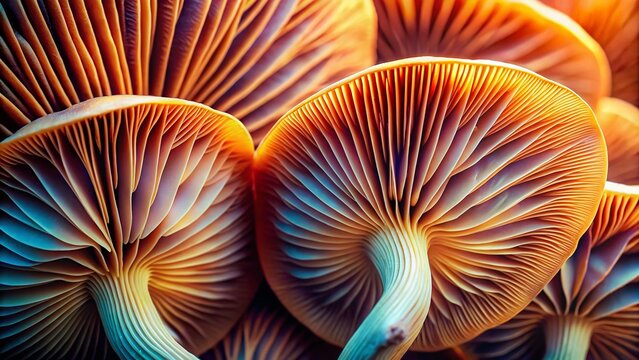 Microscopic Mushroom Gills: High-Resolution Images of Fungal Gill Structure, Spore Production, Close-up Photography