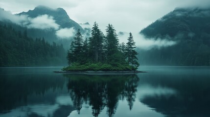 Serene island landscape with misty mountain, stunning, background and reflective water.