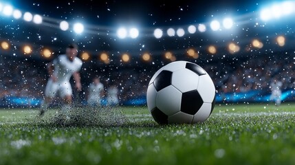 Fototapeta premium Exciting Soccer Match Under Night Lights Stadium Sports Photography Grass Field Close-Up Thrilling Atmosphere