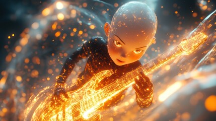 Fiery animated character playing a glowing electric guitar.