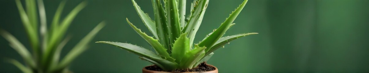 Fototapeta premium Aloe vera plant in a small pot on a green background with soft focus , foliage, succulent plant, nature