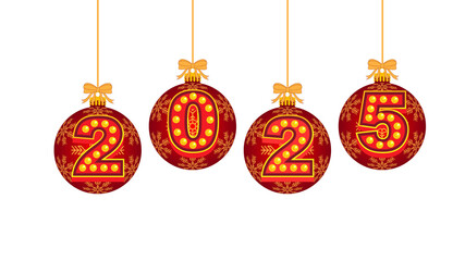 Golden Baubles with Number 2025 New Year Hanging on Ribbon Bow Isolated on White and Png Transparent Background