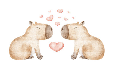 Pair of capybaras in love and hearts. Cute fluffy character rodent animals. Isolated hand drawn baby watercolor illustration for Valentine's day, cards, posters, packaging of goods, stationery