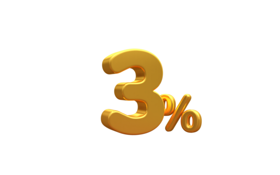 3D render number 3% percentage golden discount,progress,earning, PNG, transparent